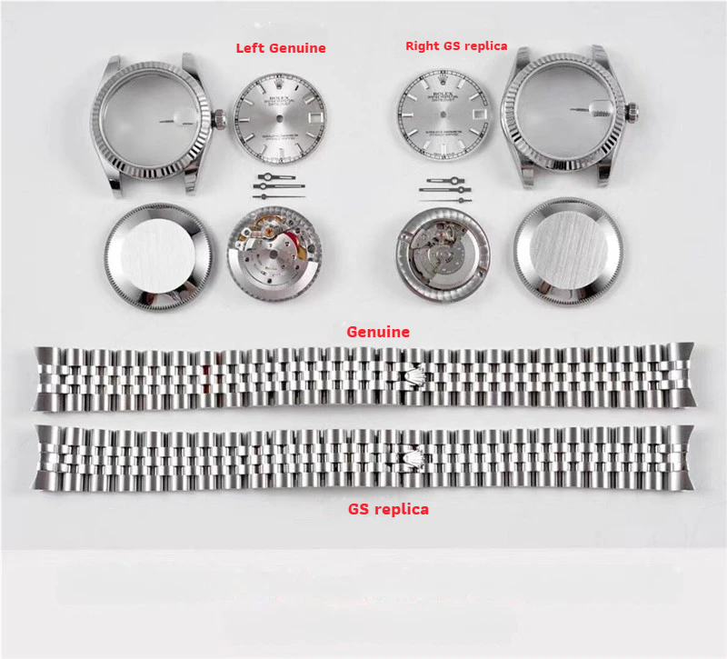 Detailed macro view of GS Factory Rolex 278274 white gold fluted bezel vs genuine