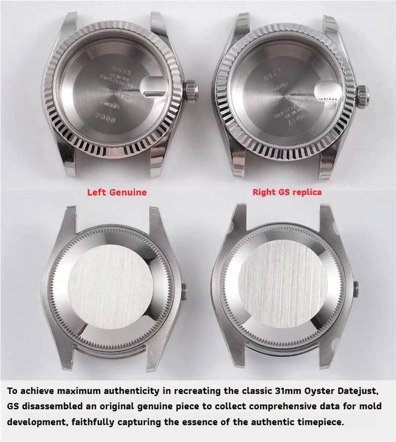 Detailed macro view of GS Factory Rolex 278274 white gold fluted bezel vs genuine