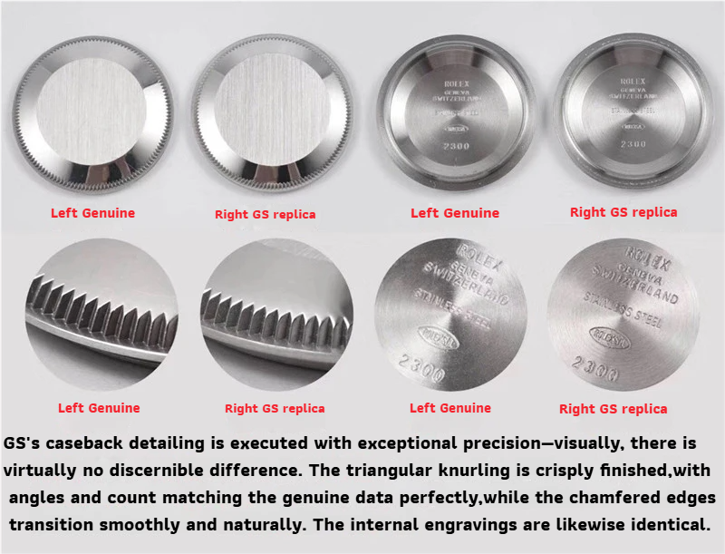 Detailed macro view of GS Factory Rolex 278274 white gold fluted bezel vs genuine