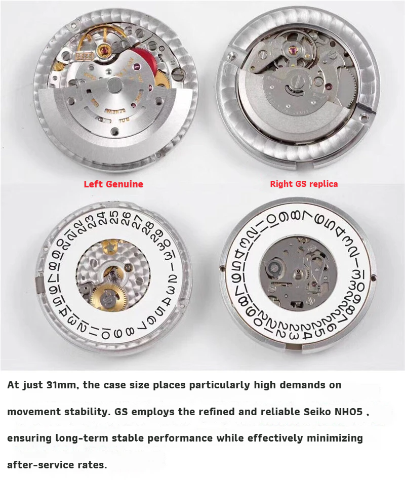 Detailed macro view of GS Factory Rolex 278274 white gold fluted bezel vs genuine