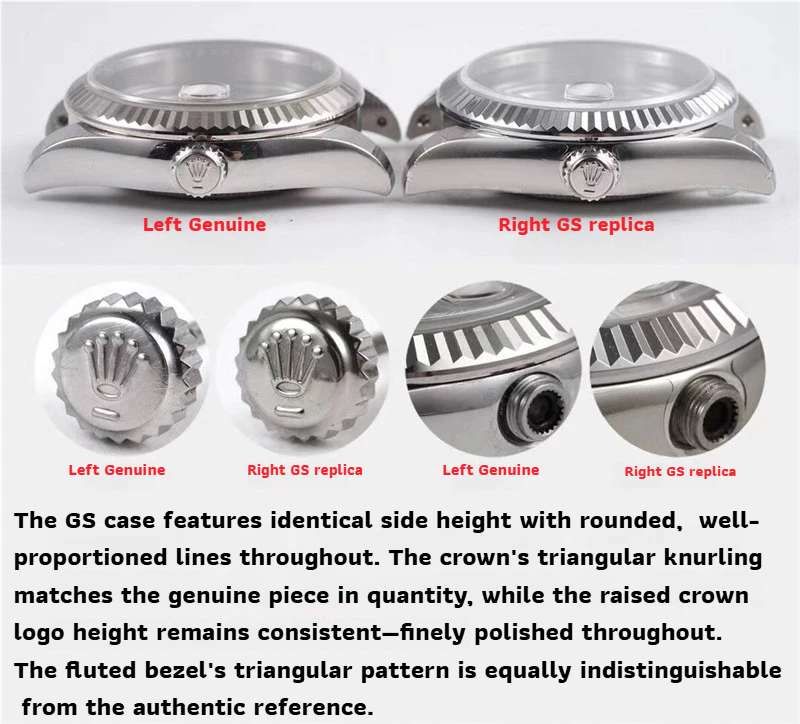 Detailed macro view of GS Factory Rolex 278274 white gold fluted bezel vs genuine